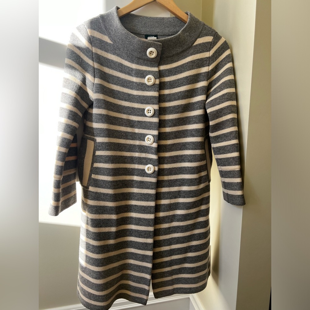 J CREW Striped Cardigan Sweater Jacket Coat Wool Cashmere Longline Cozy XS